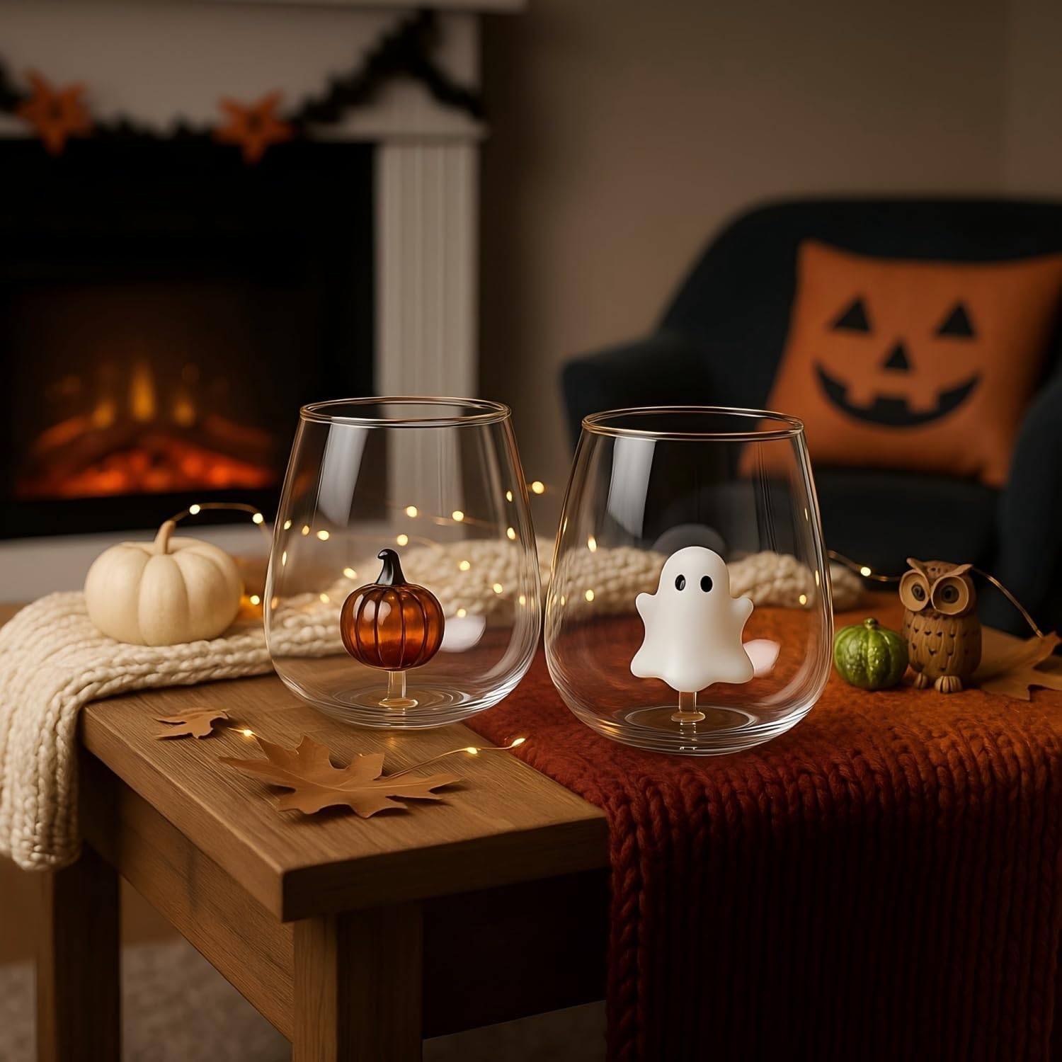 Reallnaive 2 Set Halloween Ghost and Pumpkin Stemless Wine Glass Halloween 12 oz Drinking Glasses for Dinner Party Birthday Holiday