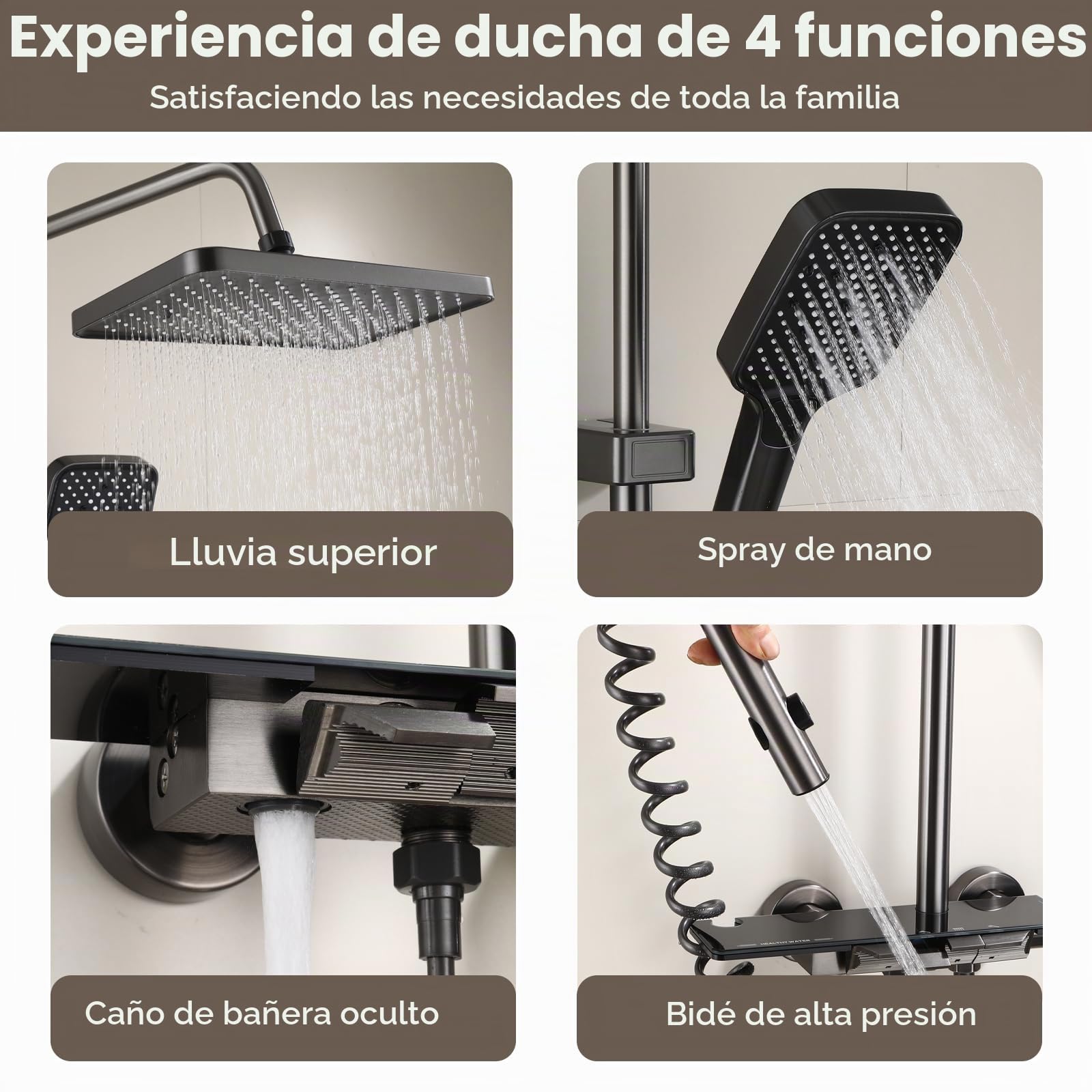 Columna de Ducha Negro con 4 Botones de Piano, Sistema de Ducha con Rociador de Lluvia y Ducha de Mano, Conjunto de Ducha Ajustable en Altura 67-107cm para Baño-D5