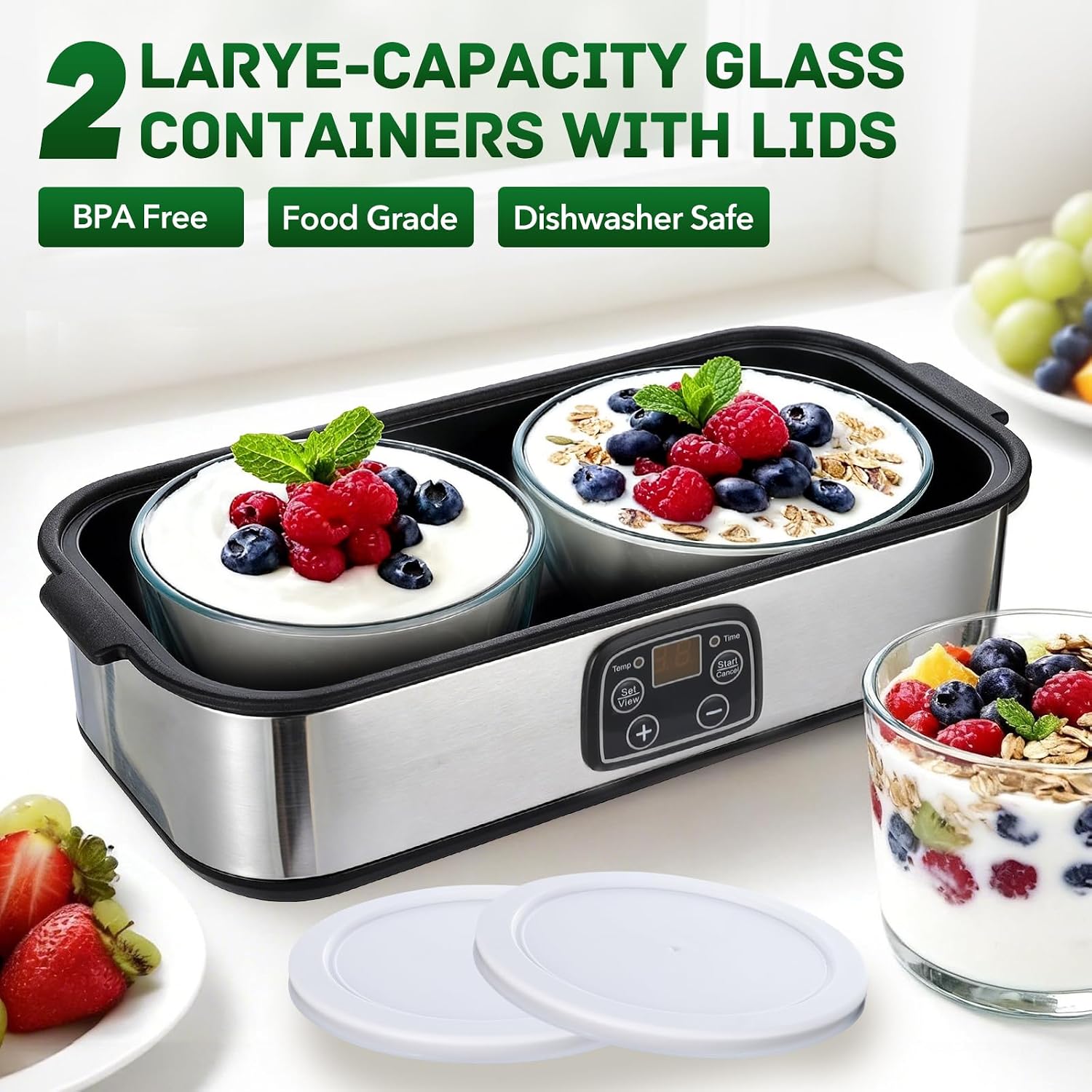 Yogurt Maker with Adjustable Temperature,Time Control,Digital Yogurt Maker Machine with 2 of ThemGlass Jars,Make Trillions of Live Probiotics,Wellness Gifts for Men Women (With Two 1-Quart Containers)