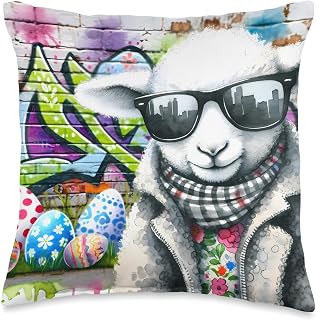 Easter Lamb As Graffiti Artist Tagging Wall. Sunglasses Eggs Throw Pillow