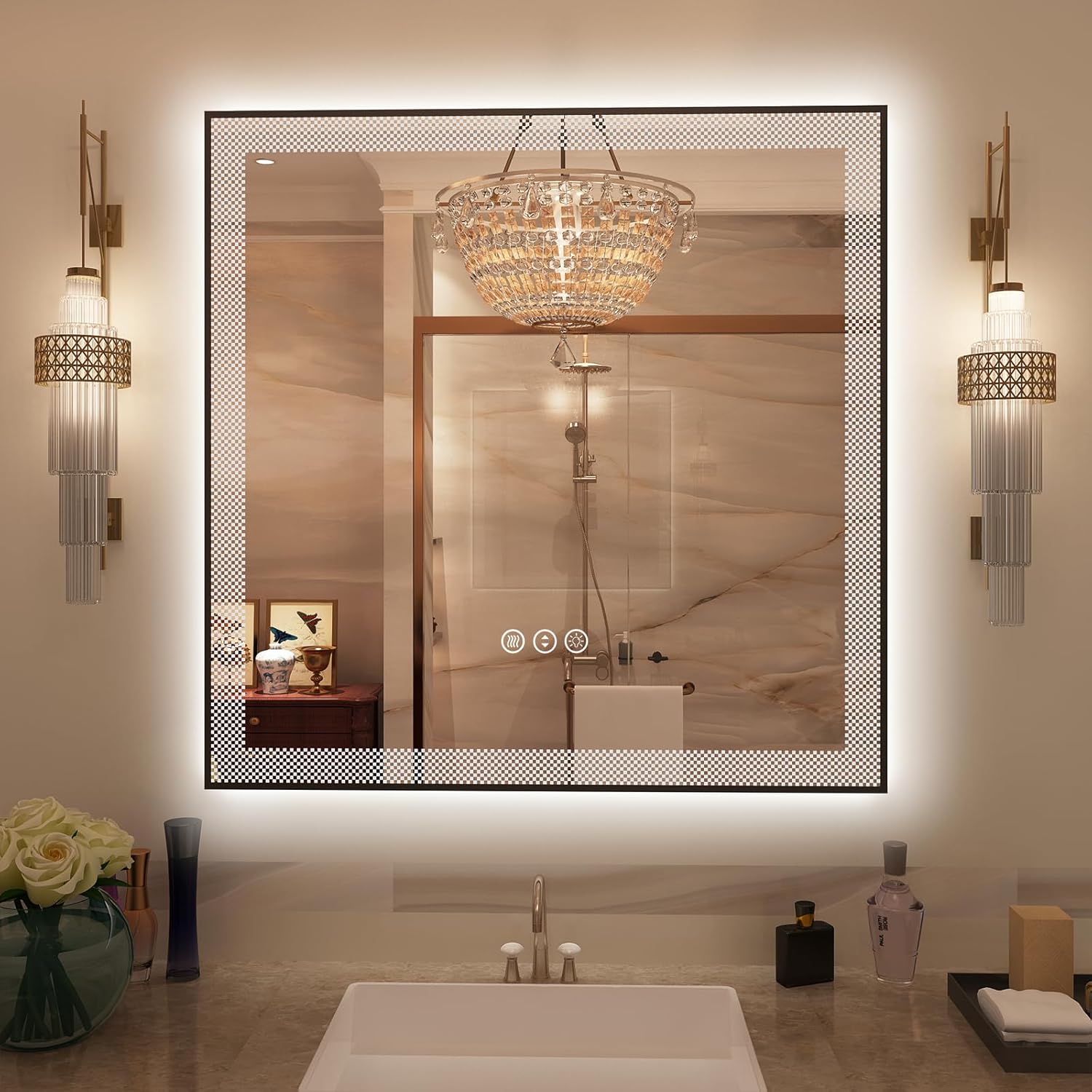 38x38 Black Framed LED Bathroom Mirror with Frontlit and Backlit, Lighted Vanity Mirror for Wall, Square Mirror 3 Colors Dimmable, Anti-Fog, Tempered Glass Shatter-Proof (Horizontal/Vertical)