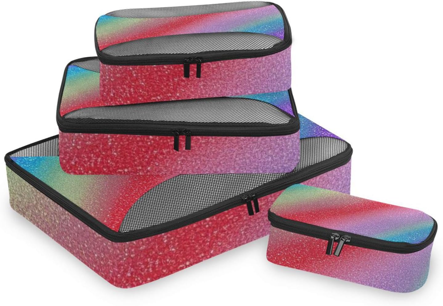 Rainbow Gradient Glitter 4 Pcs set organizer bags for Mesh Travel Essentials expandable packing cubes for carry