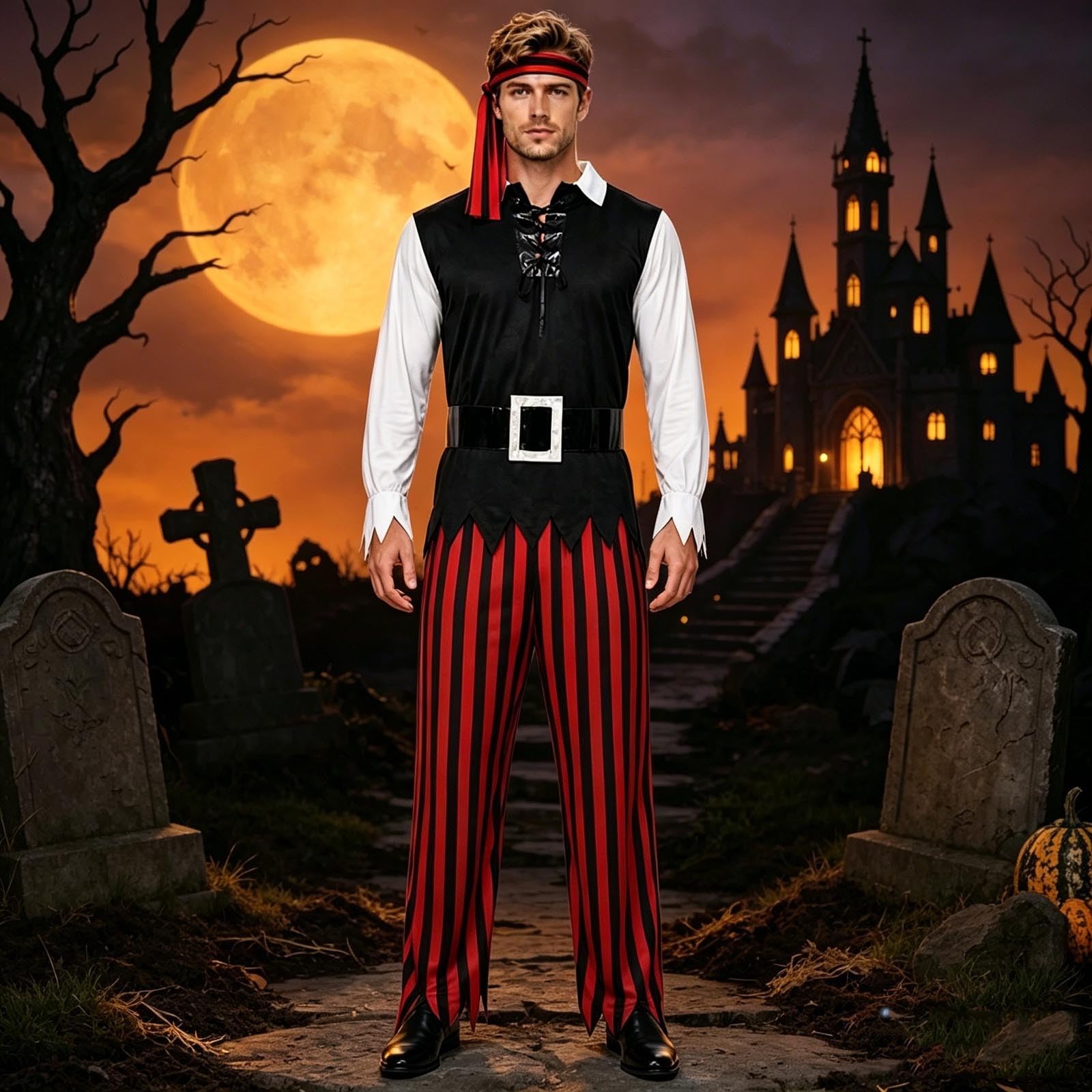 Costume da pirata da uomo, maledizione dei Caraibi, per cosplay, camicia da pirata, pantaloni da pirata, foulard, effetto usato, accessori per costume da pirata