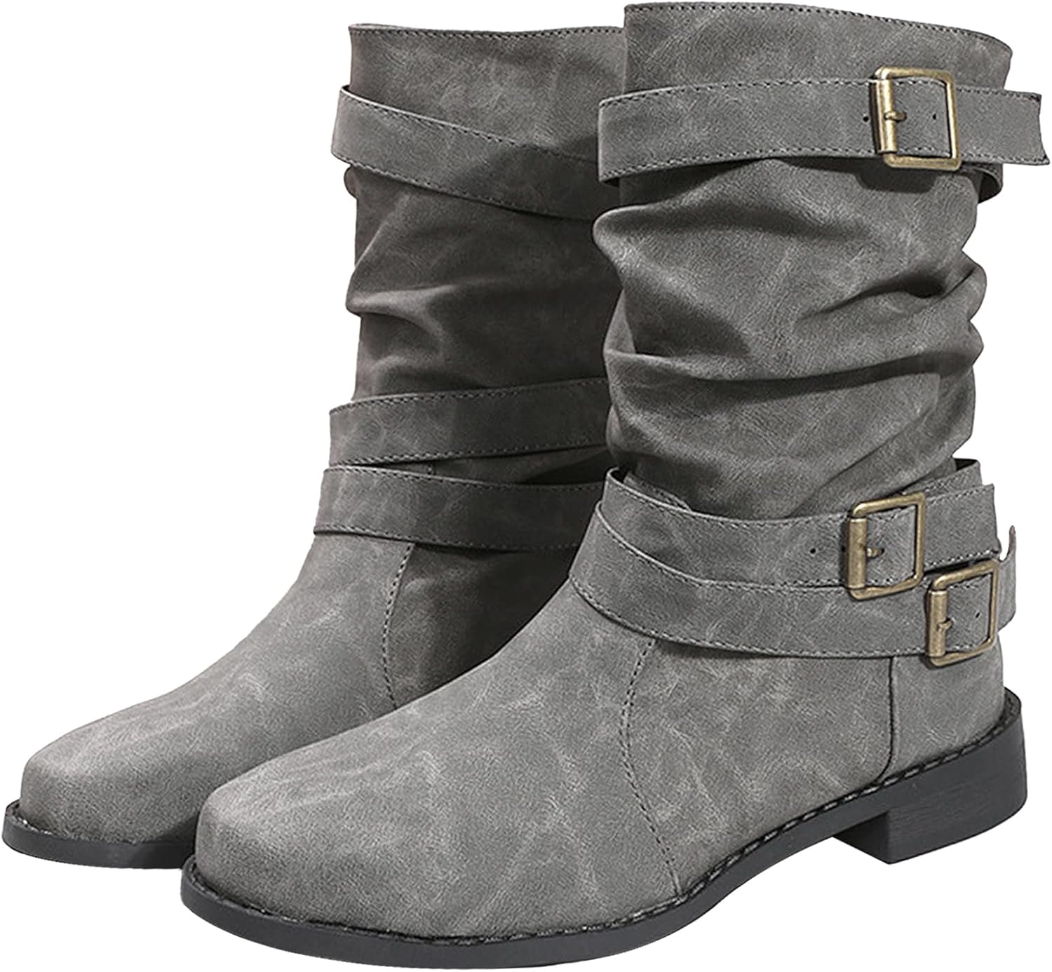 Women's Leather Wide Width Slouchy Ankle Boots with Buckle Classic Round Toe Comfort Low Chunky Heel Pull-On Mid Calf Boots Fashion Western Short Booties