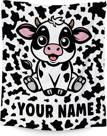 Custom Cow Blanket, Cozy Soft Throw Gifts for Women, Cute White Flannel Throw Blankets for Couch Office, 60x80 Inches