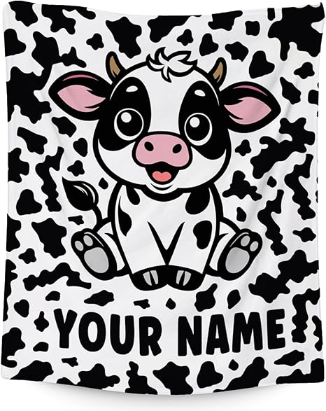 Custom Cow Blanket, Cozy Soft Throw Gifts for Women, Cute White Flannel Throw Blankets for Couch Office, 60x80 Inches