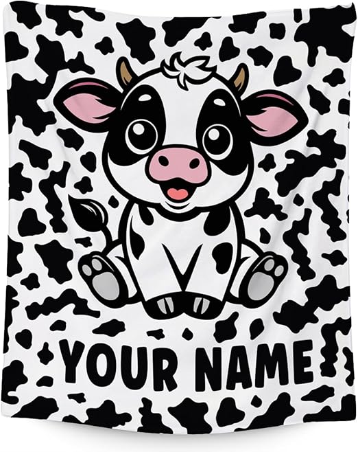 Custom Cow Blanket, Cozy Soft Throw Gifts for Women, Cute White Flannel Throw Blankets for Couch Office, 60x80 Inches