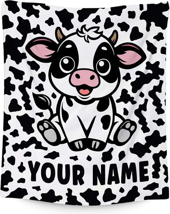 Custom Cow Blanket, Cozy Soft Throw Gifts for Women, Cute White Flannel Throw Blankets for Couch Office, 60x80 Inches