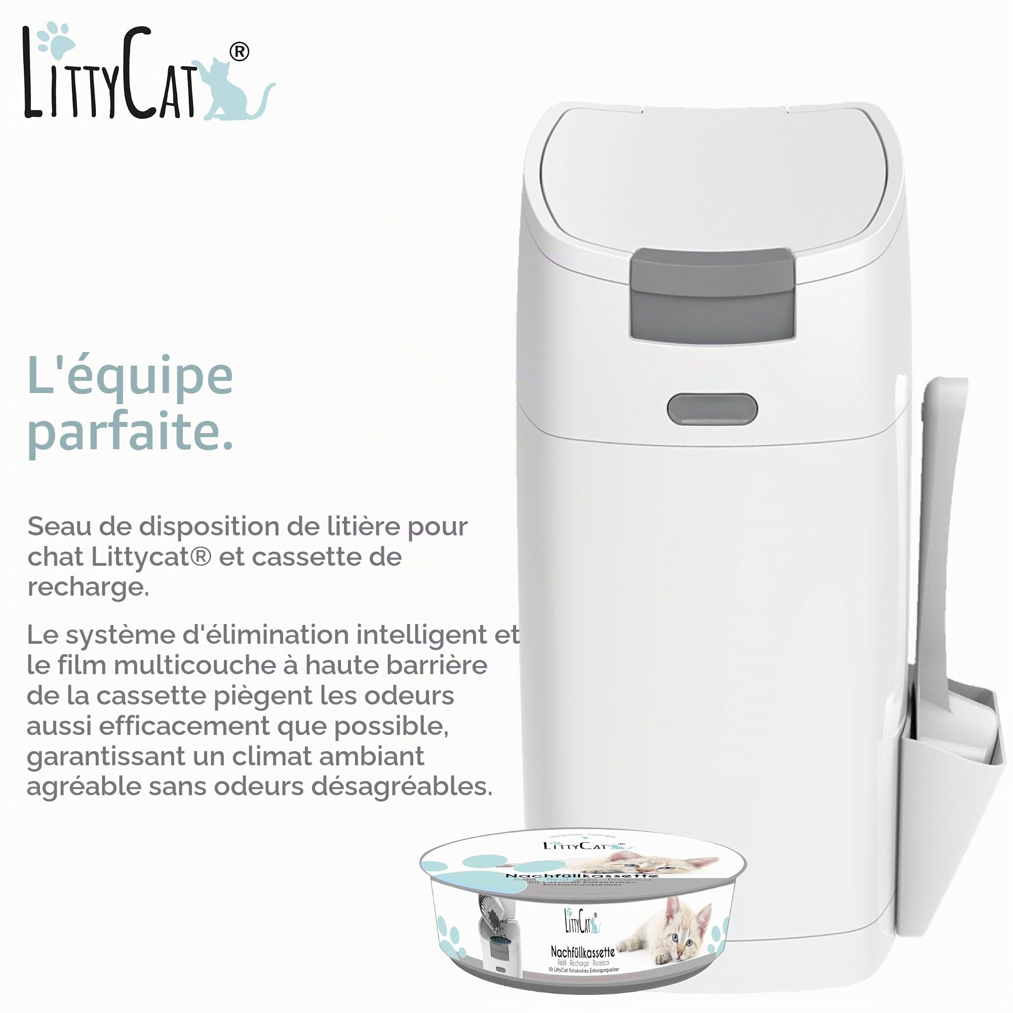 Littycat® Seau à litière pour chat incl. pelle & 3 recharges • Seau d’élimination hermétique aux odeurs • Système clic utilisable d’une seule main • Poubelle pour litière de chat