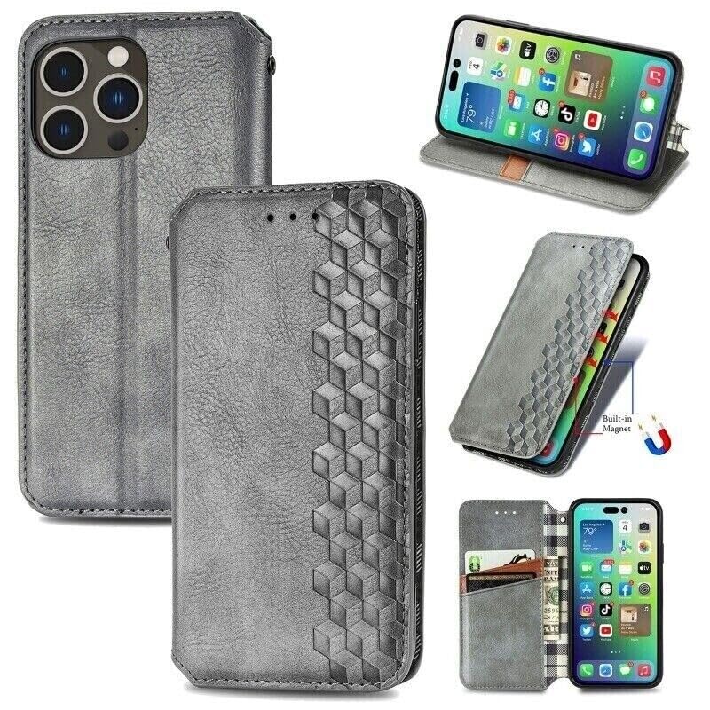 Housse en cuir élégant pour iPhone 15 Plus étui portefeuille chic couleur gris