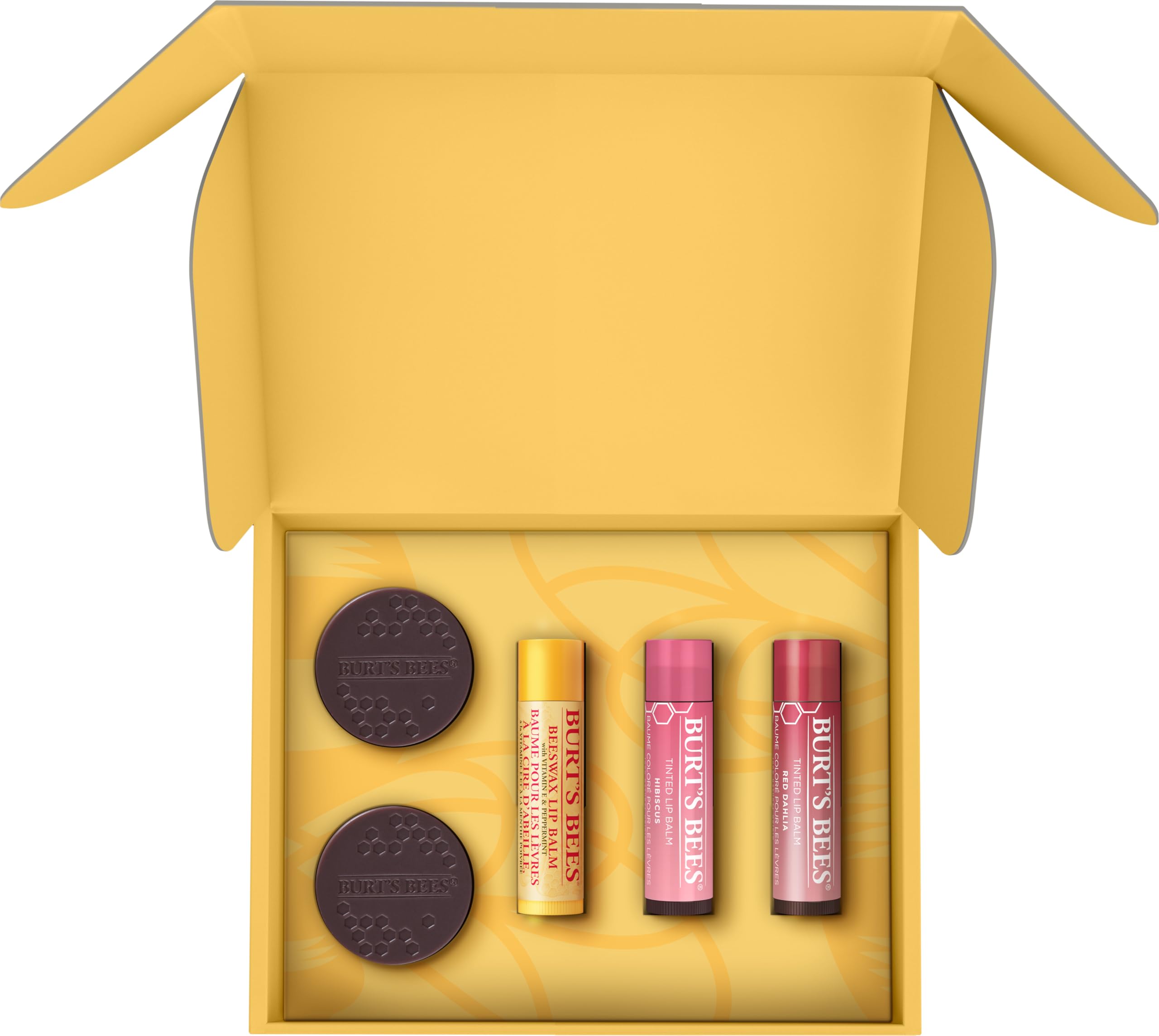 Burt's Bees Lip Care & Color Gifts Kit - Original Beeswax Moisturizing Lip Balm, Hibiscus & Red Dahlia Tinted Stain + Balm Duos, Conditioning Scrub & Overnight Sleeping Mask Exfoliator