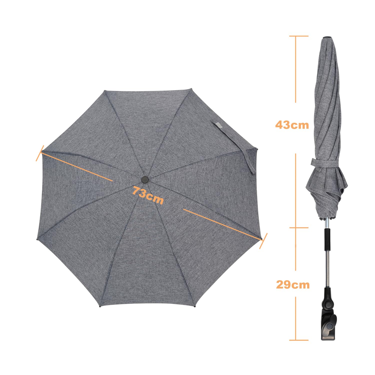 Universal Sonnenschirm Sonnenschutz für Kinderwagen & Buggy - UV Schutz 50+ / 73 cm Durchmesser mit Einem Regenschirmgriff, für Rund- und Ovalrohre - Hellgrau