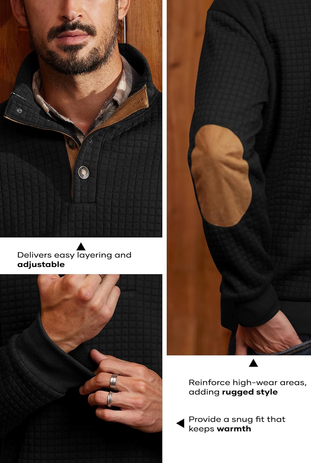 Men's Thermal Fleece-Lined Sweatshirt Textured Heavyweight Elbow Patches Pullover with Pocket (S-2XL) - Image 6