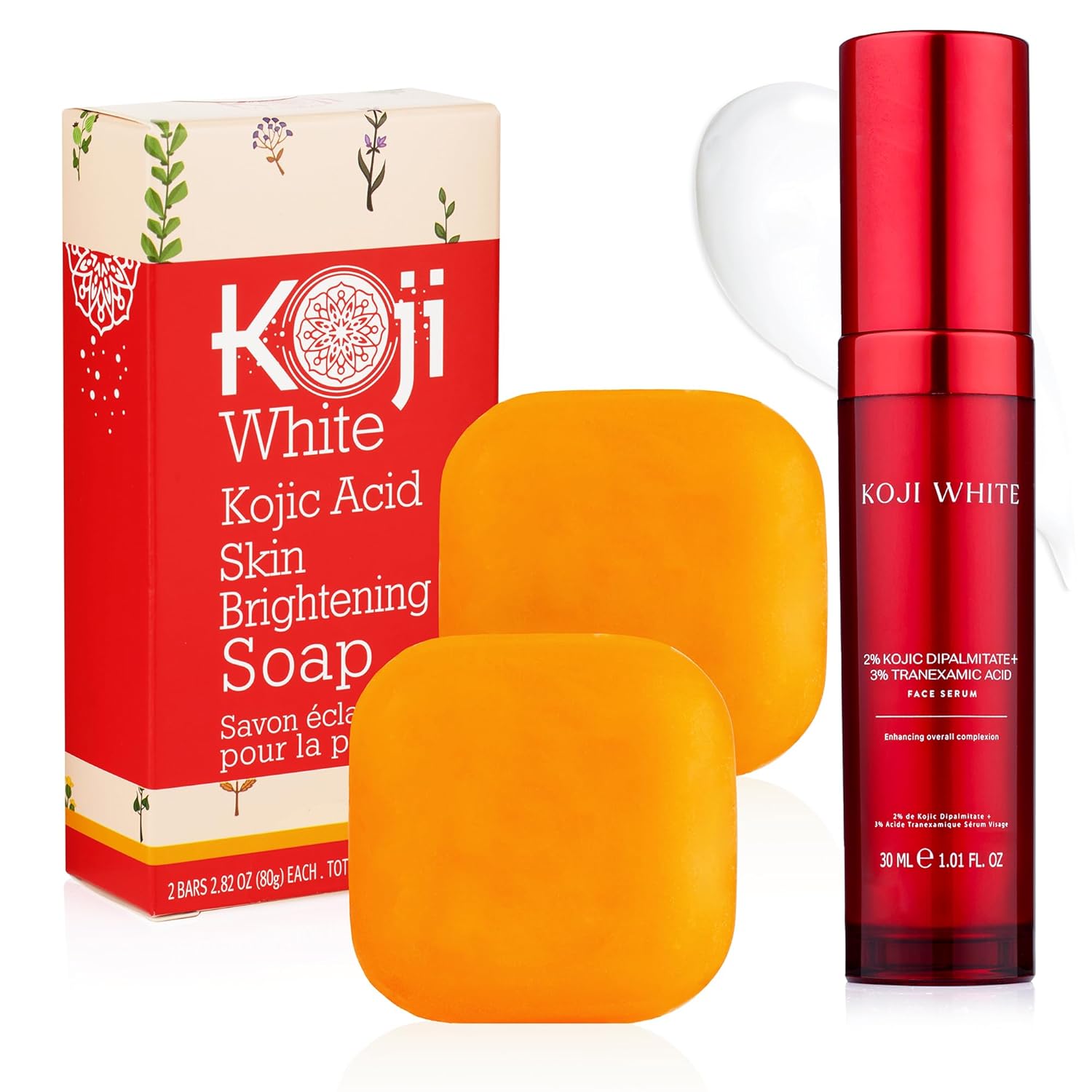 Koji White Kojic Acid Soap & Face Serum Bundle | Glycerin Soap Bar with Vitamin C, Tea Tree & Coconut Oil + 2% Kojic Dipalmitate Serum with 3% Tranexamic Acid, Niacinamide - Vegan, for Radiant Skin