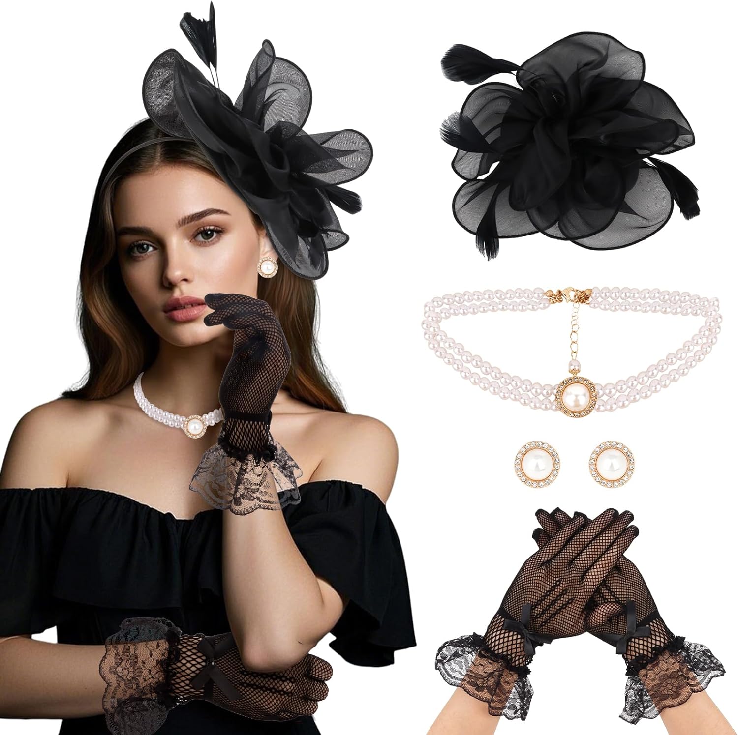 CURASA 4PCS Fascinators Hat for Women Flower Tea Party with Lace Gloves Pearl Necklace Earrings Feather Derby Hat