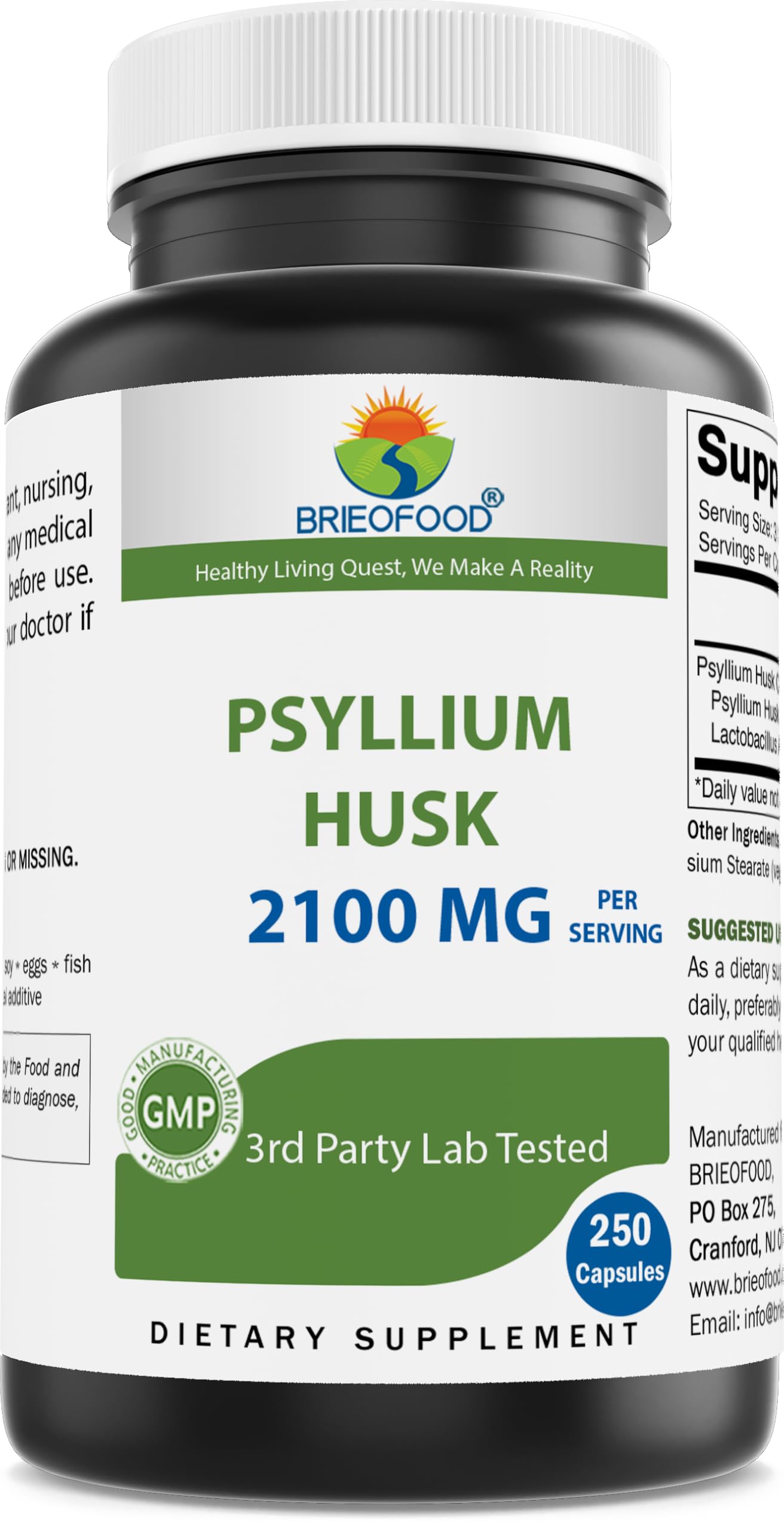 Brieofood Psyllium Husk Fiber Supplement with Lactobaciilus Acidophillus (La-14) - 2100mg per Serving - 250 Capsules