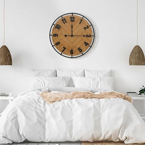 Miniatura 6 de Micasso Reloj de pared de granja grande reloj silencioso de madera antigua rústica de 27 pulgadas con círculo de metal y números grandes para sala