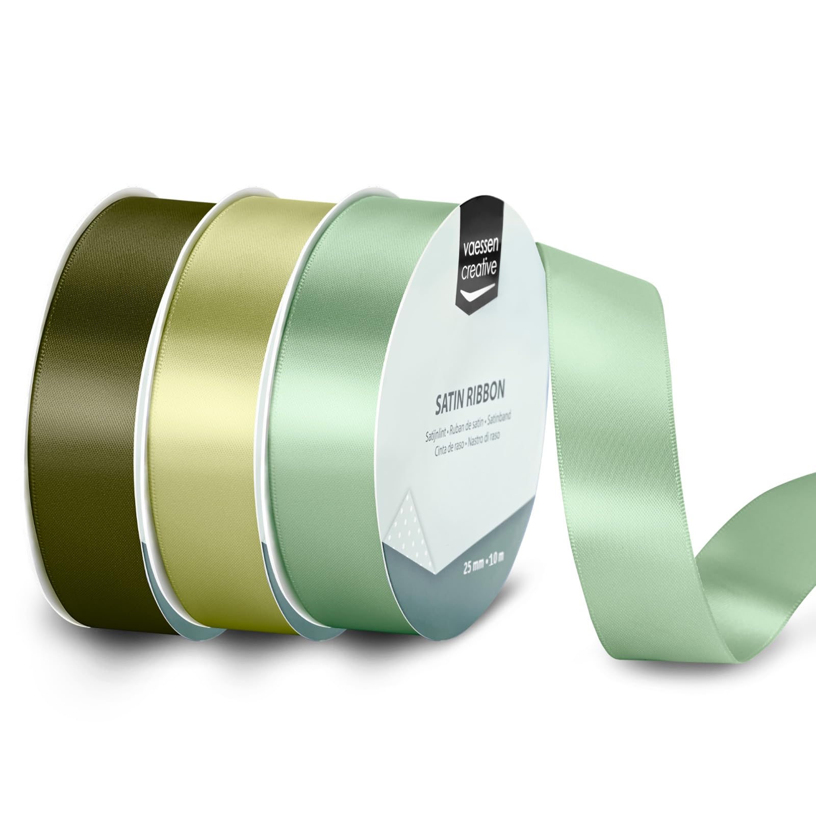 Vaessen Creative Satin Ribbon Set - 3 Colours of 32.8 ft x 1" - Green - Thin Ribbon for Gift Wrapping and Crafting, 10mx25mm