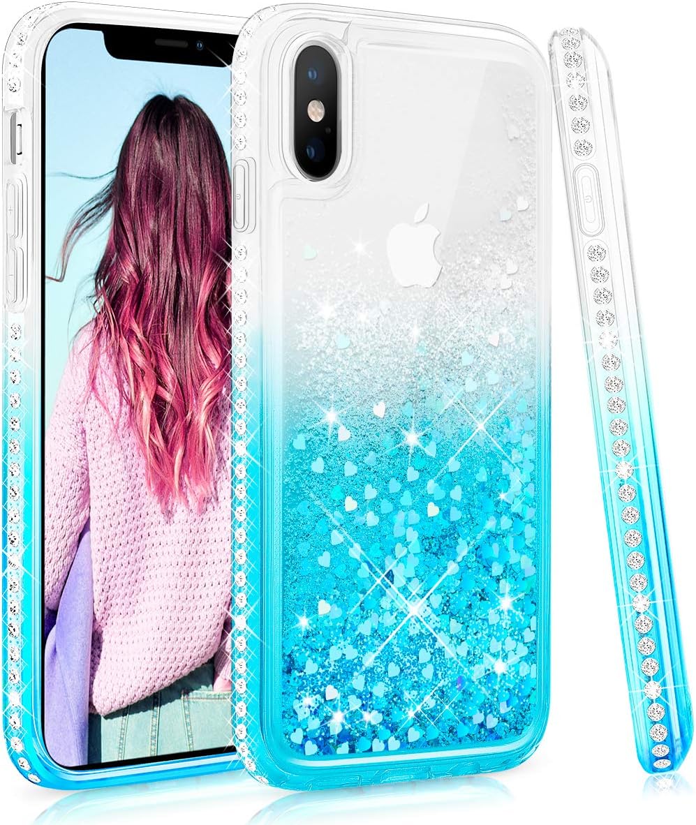 Maxdara Case for iPhone X iPhone Xs Glitter Liquid Case with Bling Sparkle Rhinestone Diamond Soft TPU Pretty Fashion Girls Women Case for X Xs 5.8 inches (Teal)