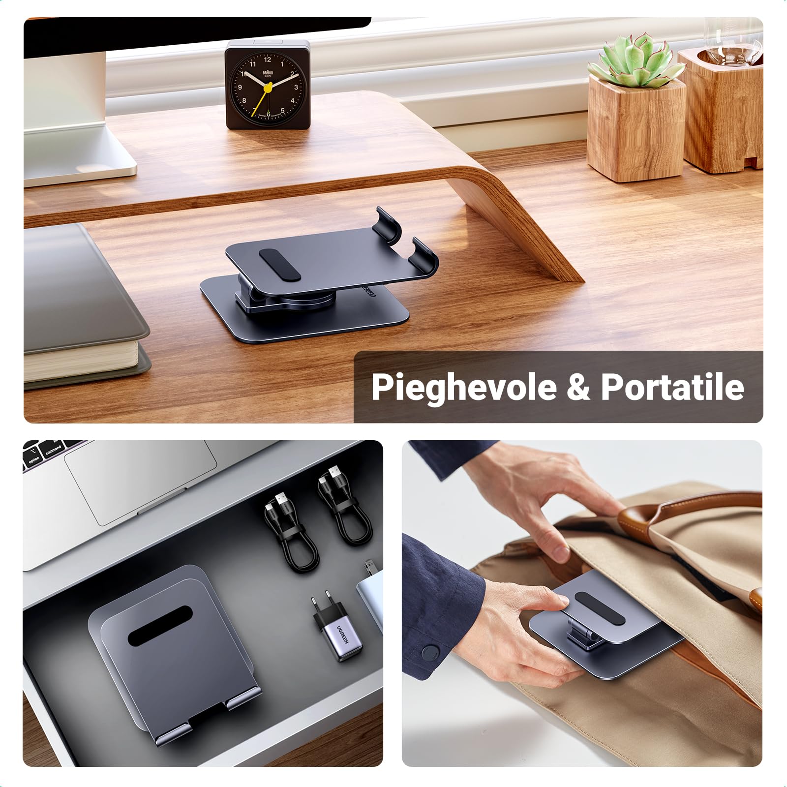 UGREEN Supporto Tablet Girevole da Tavolo | Porta Cellulare Regolabile da Scrivania in Alluminio Compatibile con Galaxy Tab iPad iPhone 17 16 Altri da 4.7-12.9"