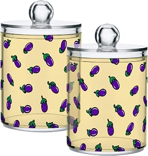 Gredecor 2 Pack Qtip Holder Clear Purple Eggplants Apothecary Jars with Lids Acrylic Bathroom Jars Vanity Countertop Canister Storage Organizer for Cotton Ball,Swabs,Pads,Floss