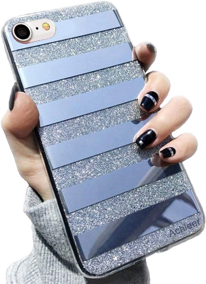 Glitter Powder Phone Case Mirror Reflex Striped Stars Pattern Back Cover for iPhone 7 8 Black