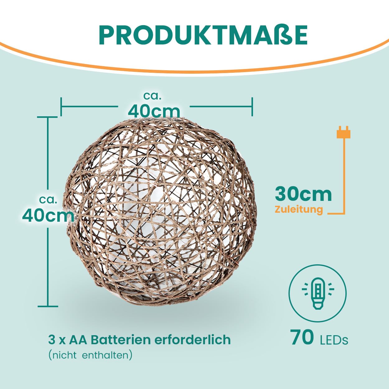 Gartenpirat Deko-Kugel Rattan Optik 70 LED warmweiß Ø 40 cm Kupferdraht-Lichterkette Batterie Timer