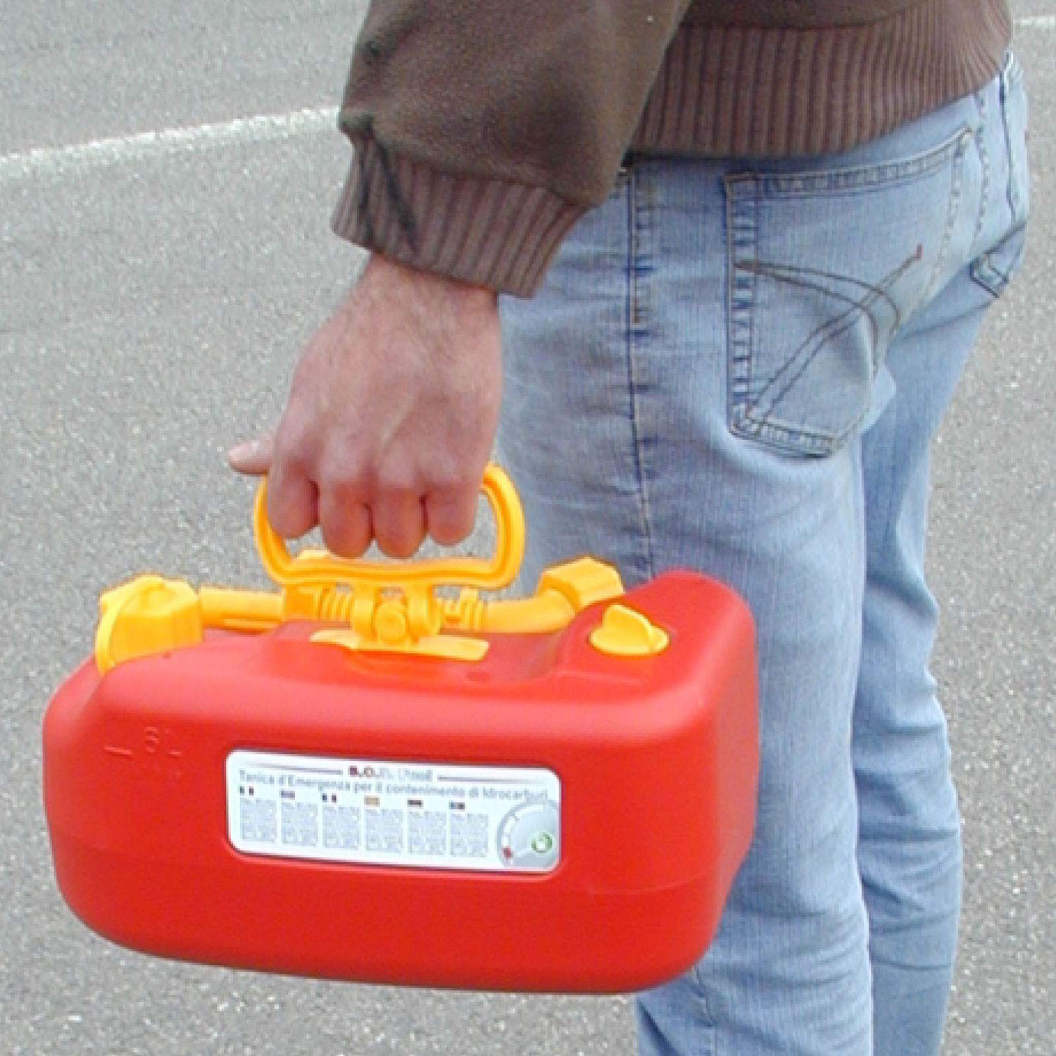 SOS Fuel – 10LT tanica Emergenza Benzina idrocarburi da 10 Litri impilabile e Omologata Un con Maniglia roteabile e prolunga a Soffietto, plastica, Rosso