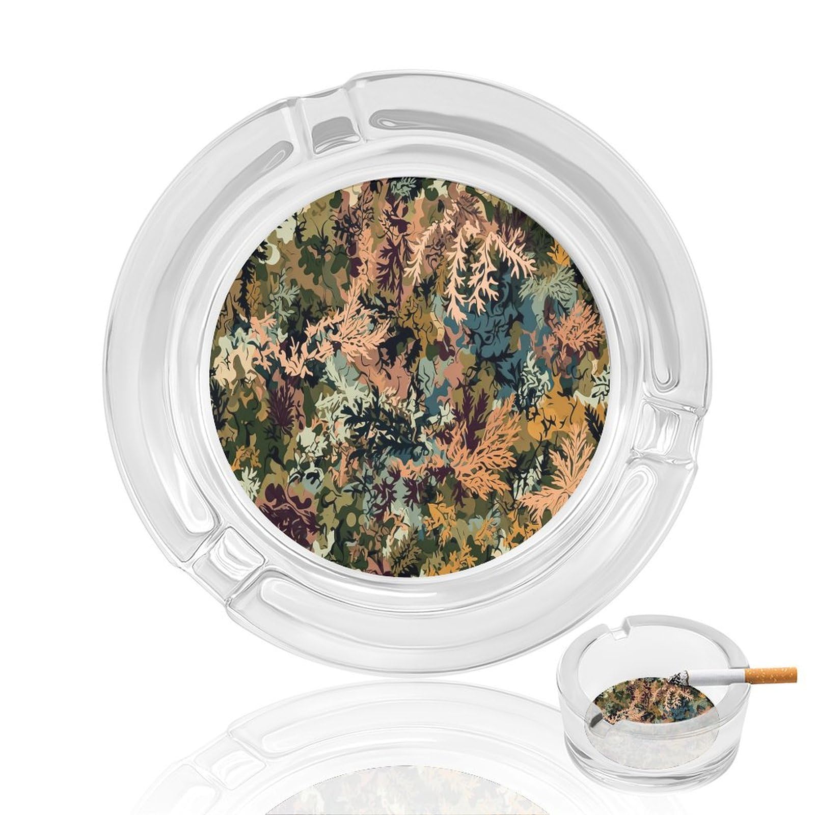Camouflage Pattern305 Glass Ashtray 3.3 Inch Round Cigarette Ash Holder with 4 Grooves for Home Office Outdoor One Size