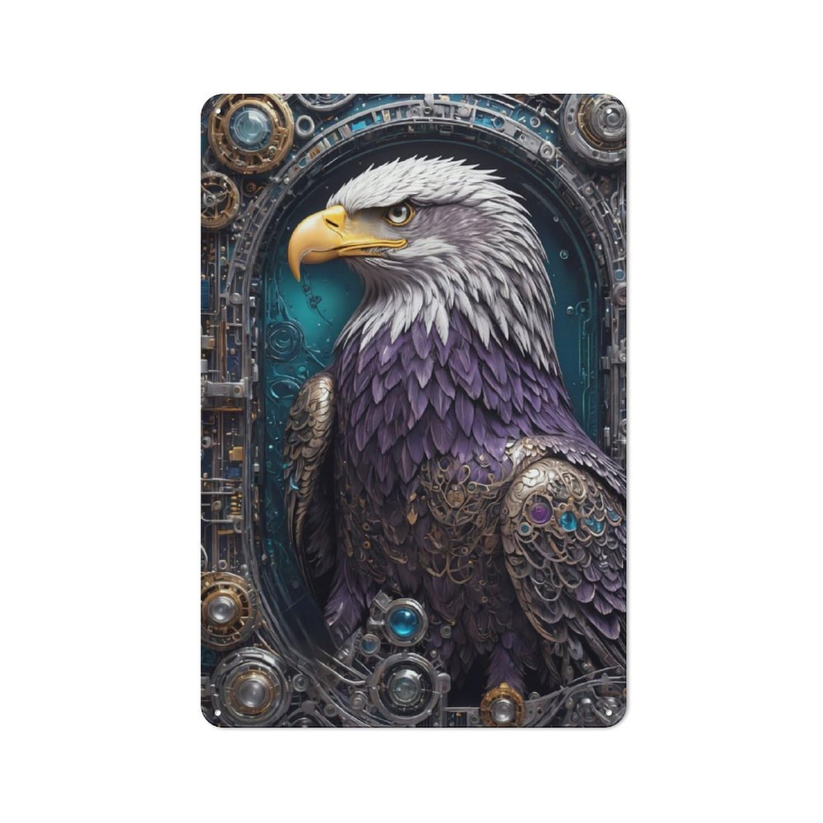 Industrial Tin Wall Sign 30x20cm Featuring Steampunk Eagle Portrait, Urban Room Decor for Workspace, Cafe, Hallway Or Garage