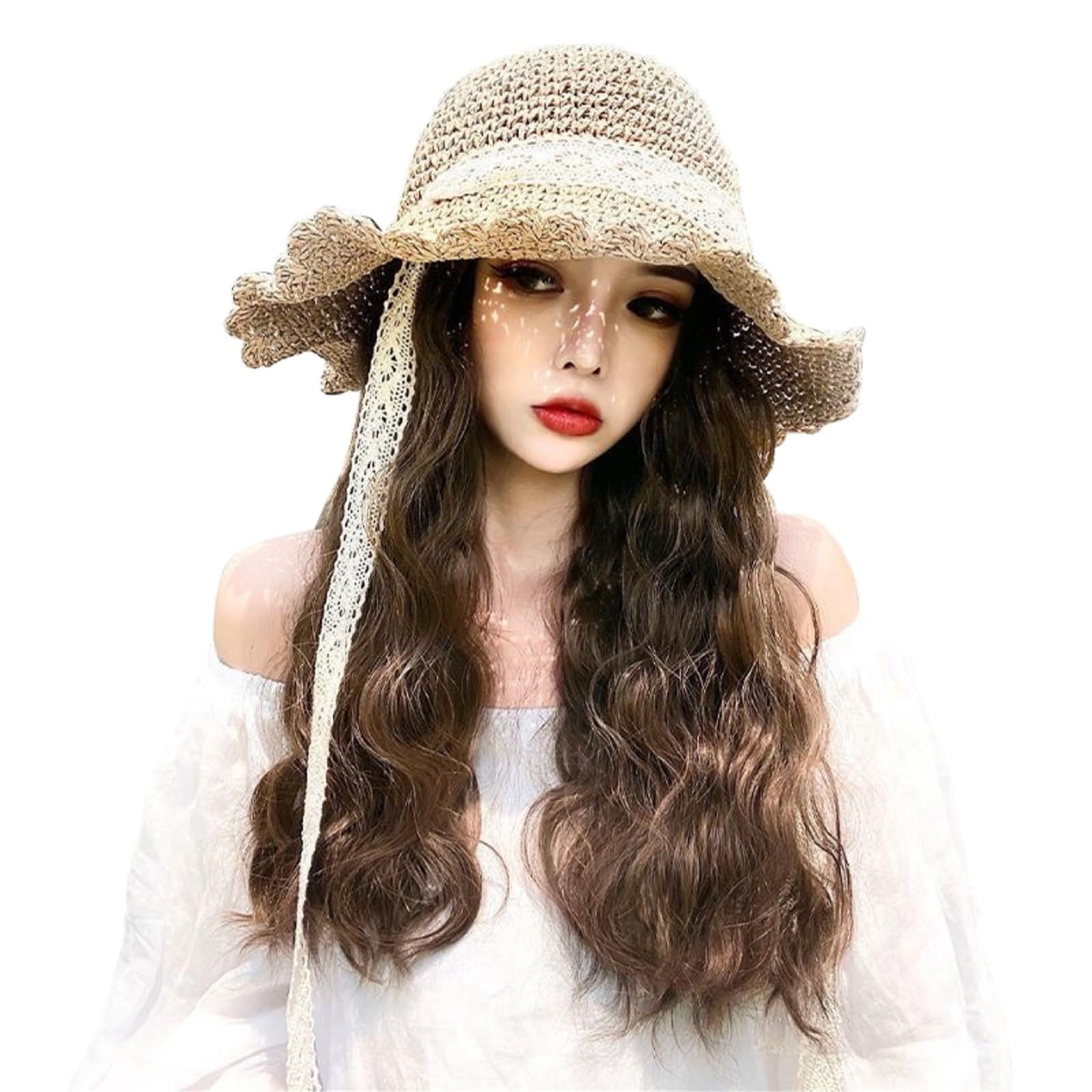 Libangrong-888 Women's One Color Wigs Summer Natural Long Curly Hair Wig Hat Integrated Design Natural Wig
