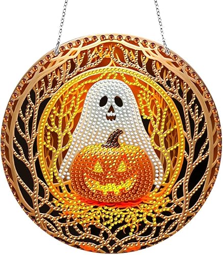 LUSandy Kit de pintura de diamante de calabaza fantasma 5D para Halloween, letrero de arte de pared, diseño de calabaza, diamante, atrapasoles,