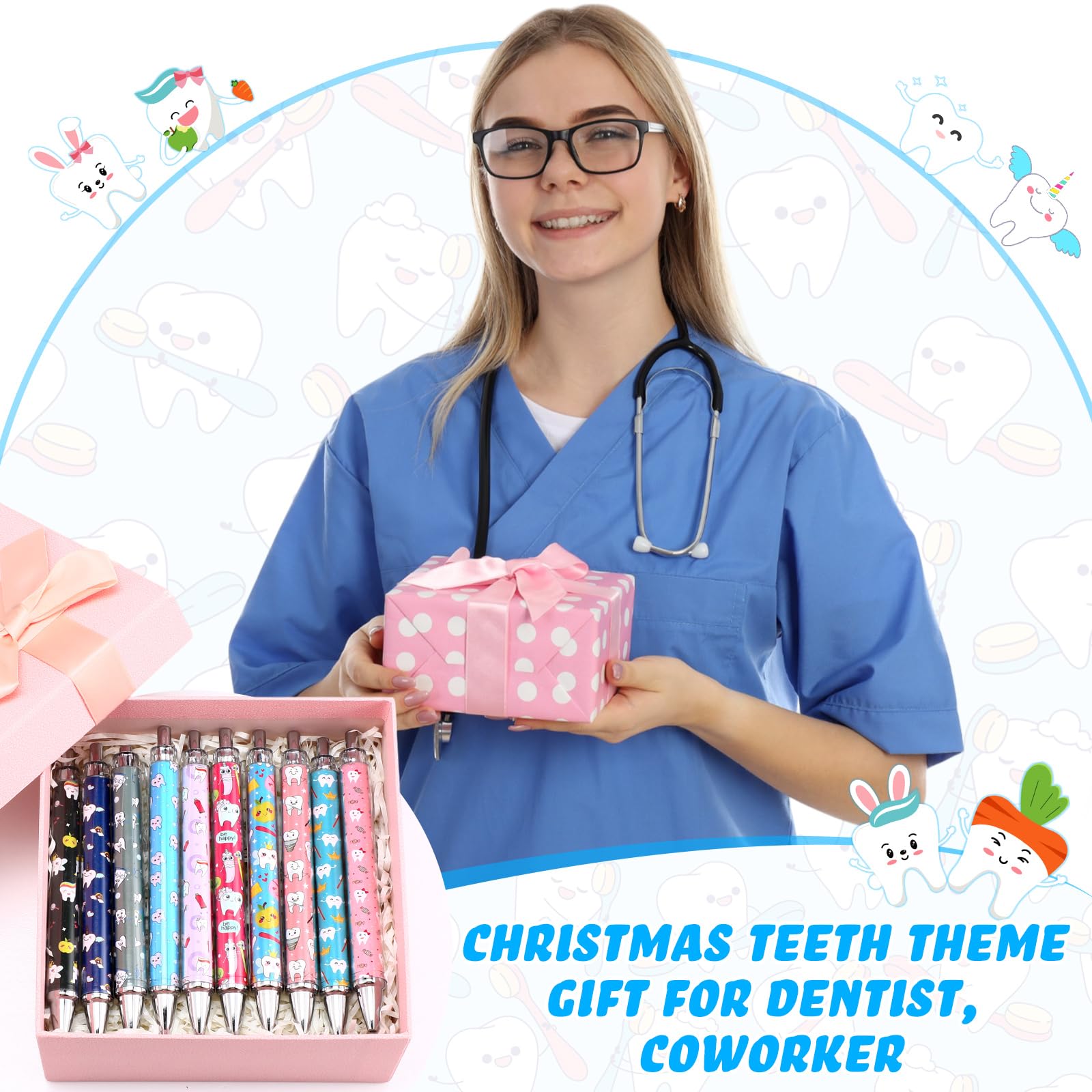 12 Pcs Teeth Ballpoint Pens Cute Teeth Themed Retractable Writing Pens Dentist Dental Assistant Gifts 1mm Black Ink — view 3