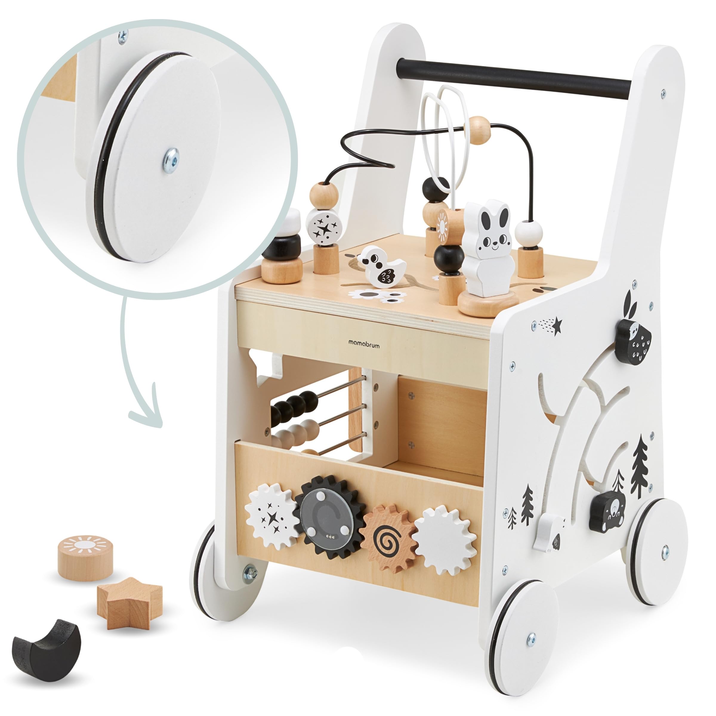 Mamabrum Caminadora y Andador Bebé 6 en 1 - Mesa Educativa de Madera con Ábaco, Engranajes y Juegos - Centro de Actividades para Primeros Pasos - 31 x 28 x 49 cm