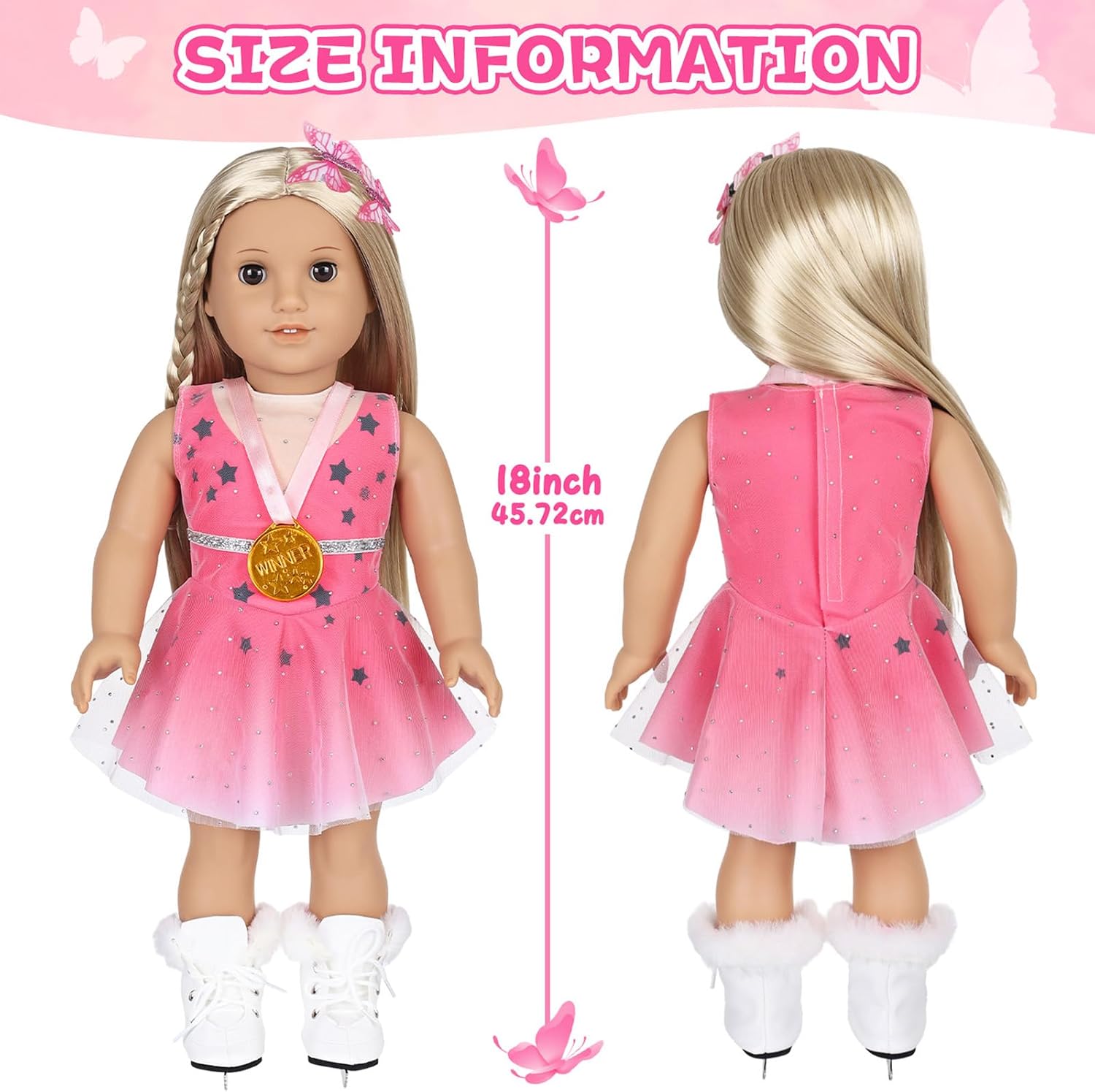 18 Inch Doll Clothes and Accessories, Girl Doll Skating Sport Play Set Including Skirt Sticker Skating Shoes Socks Mobile Phone Water Cup Hair Clip Medal