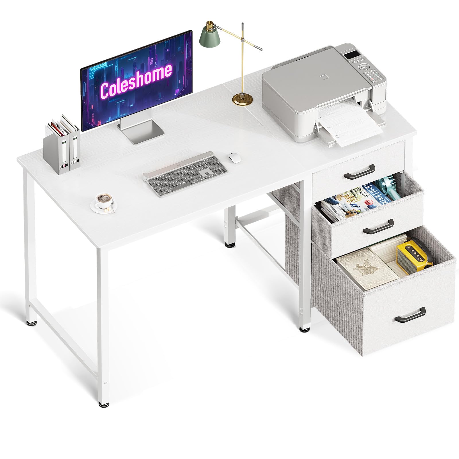 Coleshome Schreibtisch mit 3 Stoff Schubladen, 100x48cm Computertisch, Reversibler PC Schreibtisch mit stauraum, Bürotisch für Home Office, Weiß