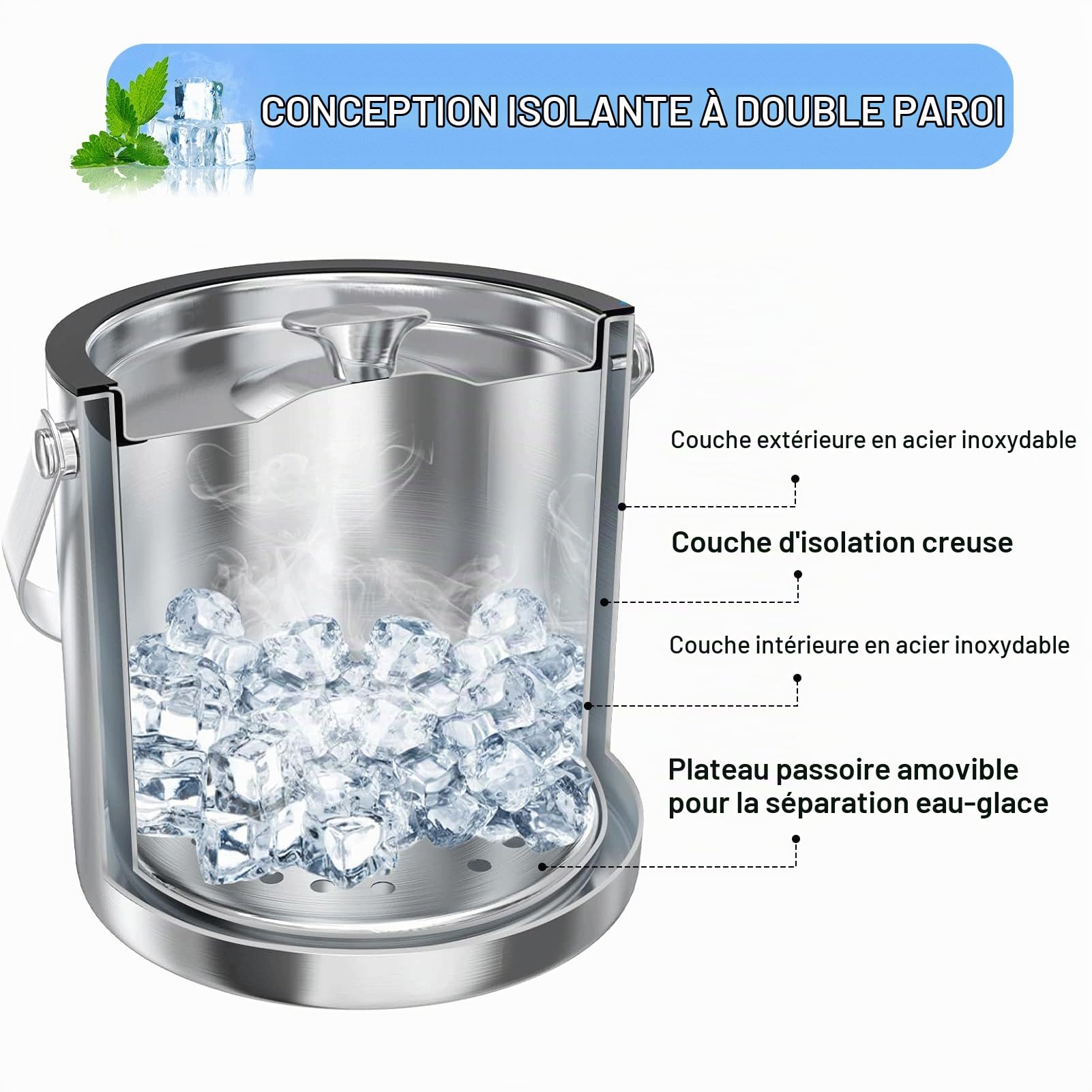 Seau à Glace en Acier 4L Seau à Glace Isotherme Double paroi | Seau à Champagne Inoxydable avec Couvercle, Pince à glaçons Pelle Passoire, Rafraîchisseur pour Champagne Vin Boissons Bière