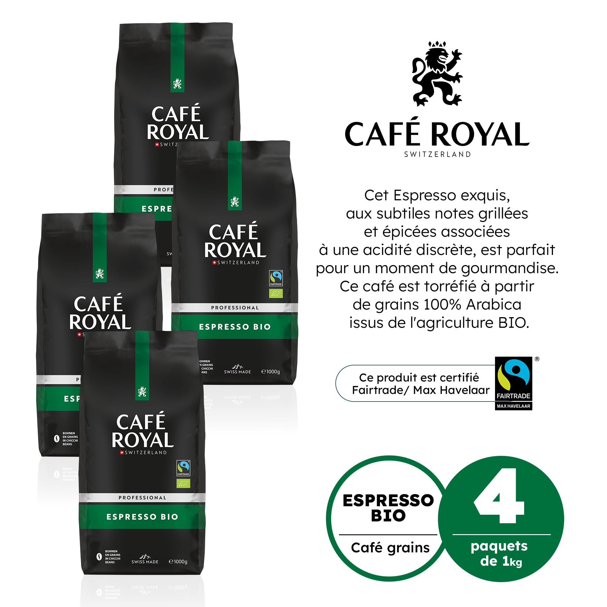 Café en grains Espresso certifié Bio 4x1 kg Café Royal Pro