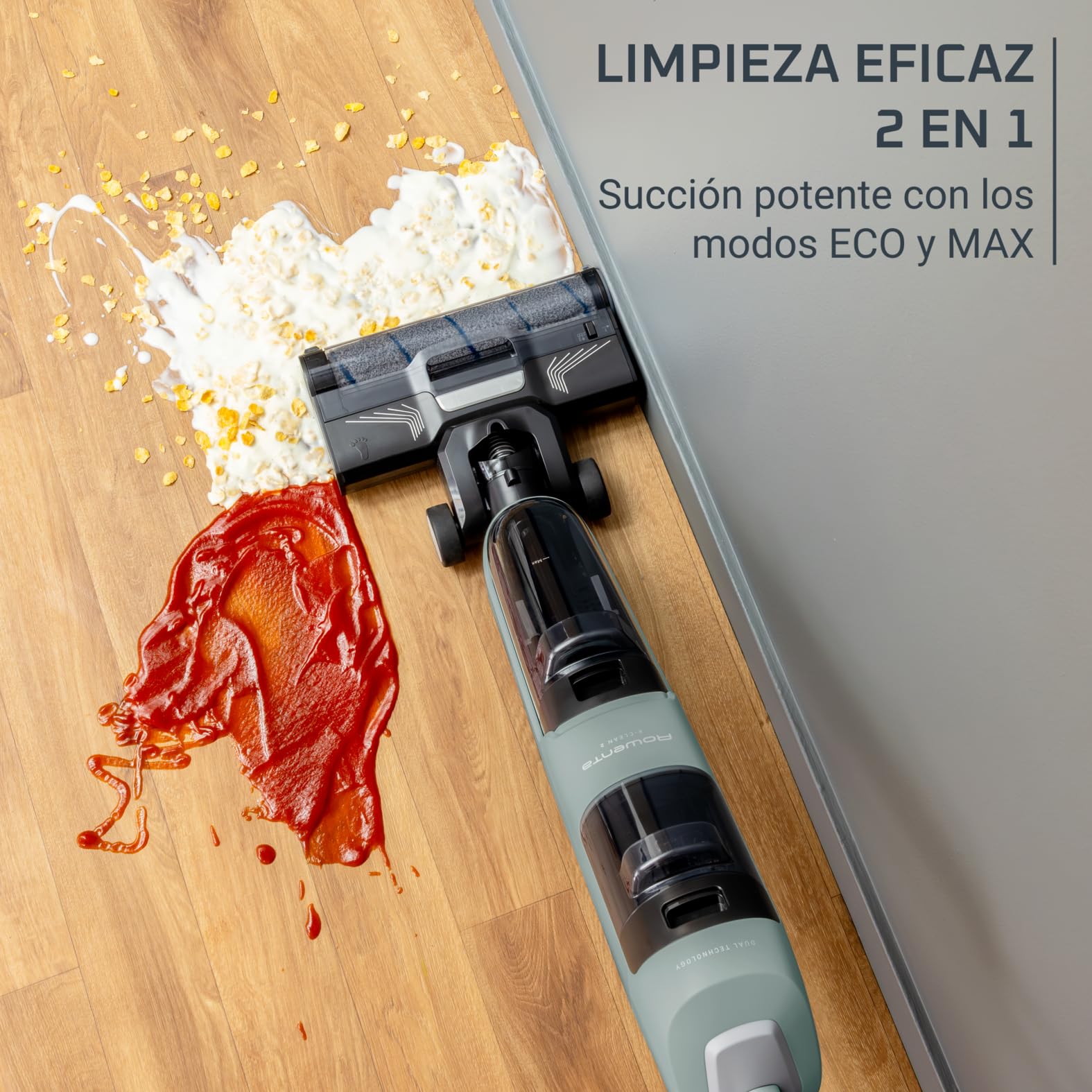 Rowenta X-Clean 2, Aspiradora Fregona Eléctrica Sin Cable, Tecnología Wet & Dry, Autolimpieza, Aspira y friega, Modos Eco/MAX, Ligera, Limpieza de Bordes, Verde Eucalipto, GZ2262E0