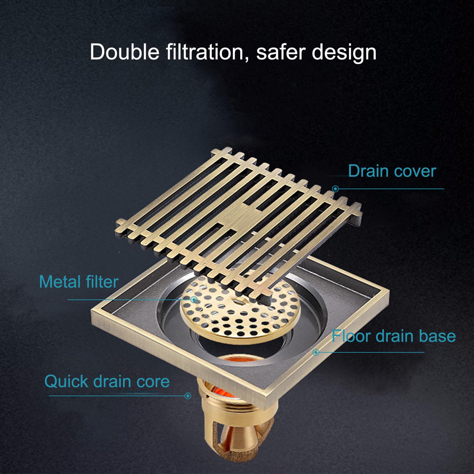 Siphon De Sol Carré, Siphon Douche Droit Anti-odeurs en Laiton avec Grille Amovible Et Filtre À Cheveux pour Lave-Linge Salle De Douche Salle De Bain, 3.93 inch,C