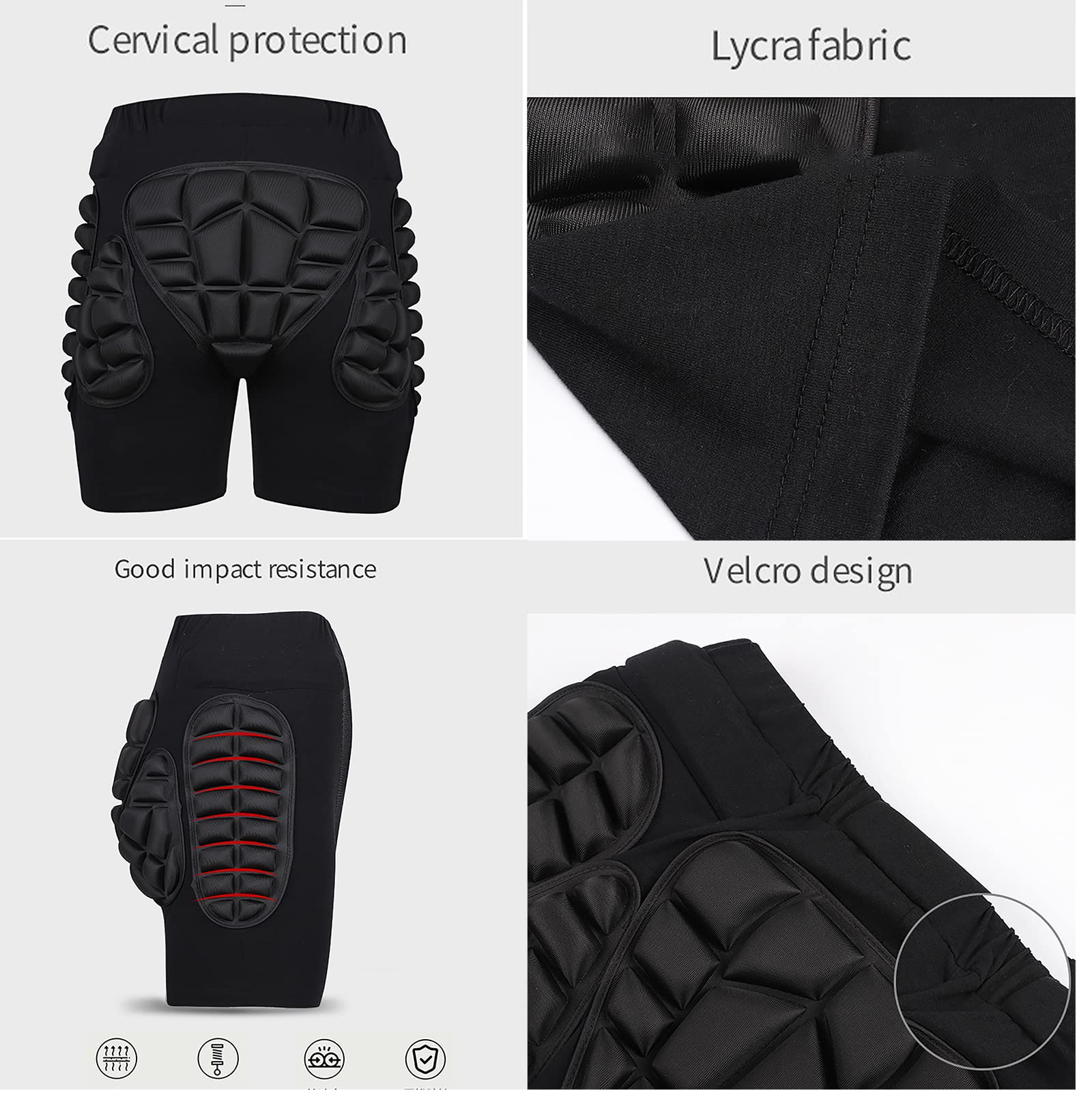 Wyściełane spodenki 3D ochronne do pośladków + ochraniacze na kolana mężczyźni kobiety wygodne oddychające akcesoria ochronne do jazdy na nartach jazdy na rowerze, czarne, S (talia: 61 cm)