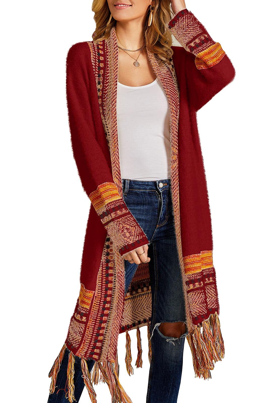 FERBIA Women Boho Cardigan Sweater Long Open Front Maxi Knit Sweaters Aztec  Tribal Tassel Fringe Thin Coat