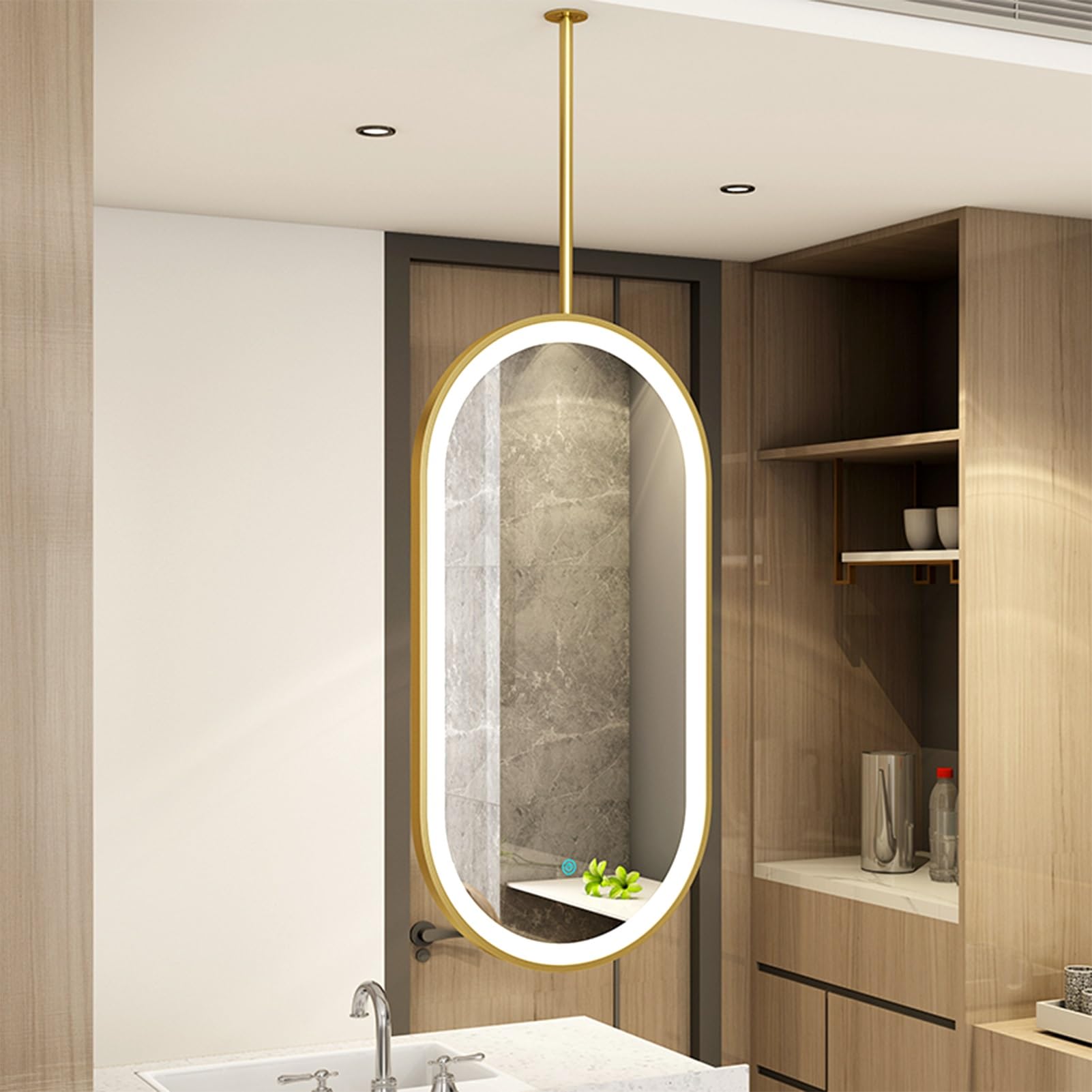 GLJTUO Oval LED Mirror with Gold Metal Frame and Hanging Rod, Ceiling-Mounted Bathroom Vanity Suspended Decorative Mirrors,size_name-40cmx60cm
