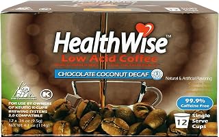 Healthwise Chocolate Coconut Decaf Low Acid Coffee K-Cups - Swiss Water Process - Acid Reflux, Heartburn - 12 Count (Pack of 1)