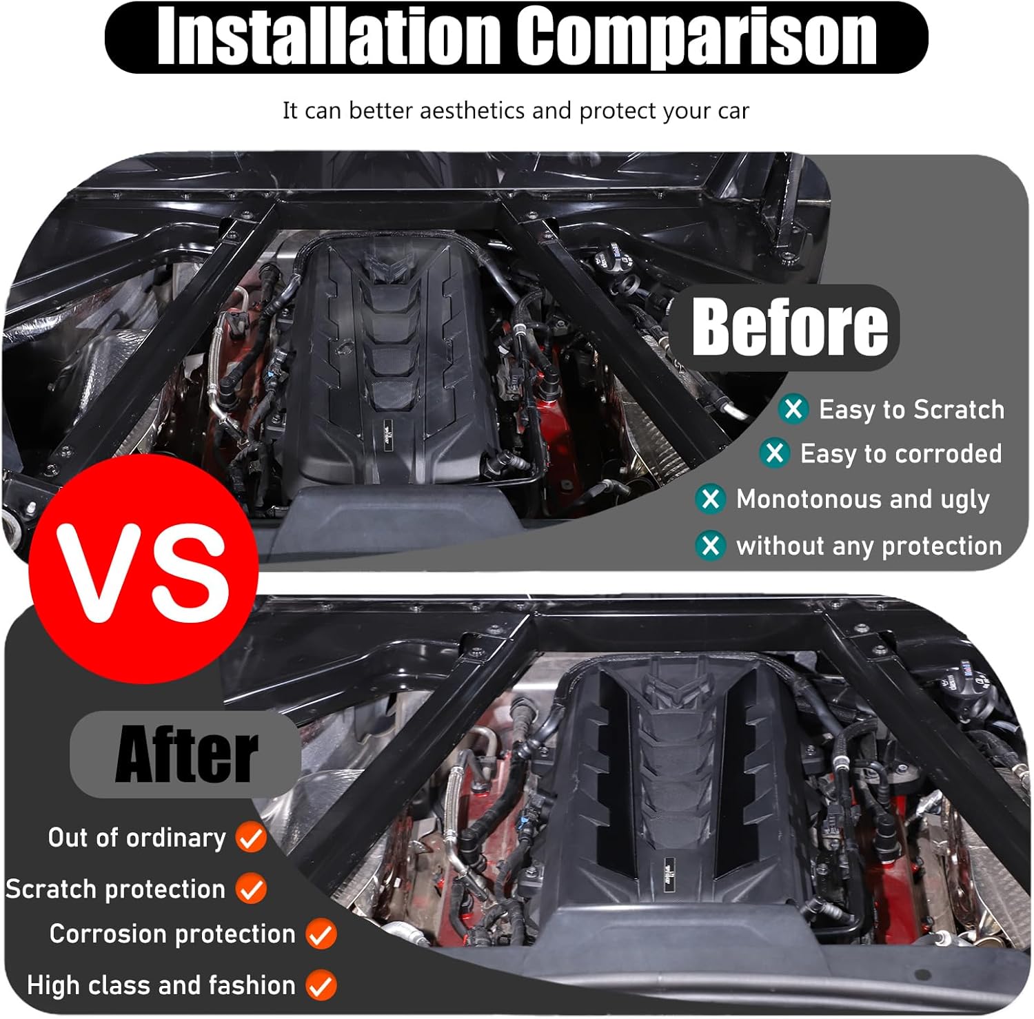 Corvette C8 Engine Bay Panel Cover Trim,Engine Compartment Pull Bar Trim Strip Compatible with Corvette C8 Stingray 2020-2024+ Aluminum Engine Bay Left Right Protection Accessories (Black)