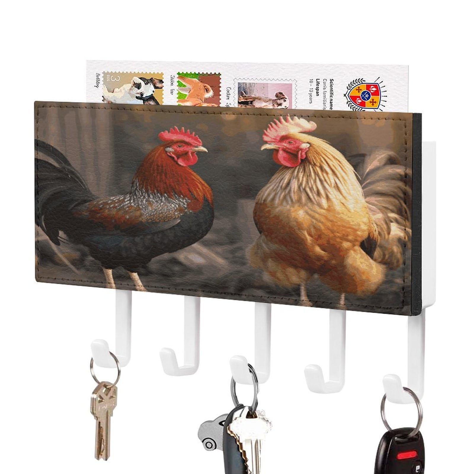 Fekiloot White-Style Rooster And Chicken Key Holder Wall Mount Decorative Key And Mail Holder Pu Key Rack With 5 Hooks Key Hanger Organizer Decorative Home Decor For Wall For Entryway Office Living Room