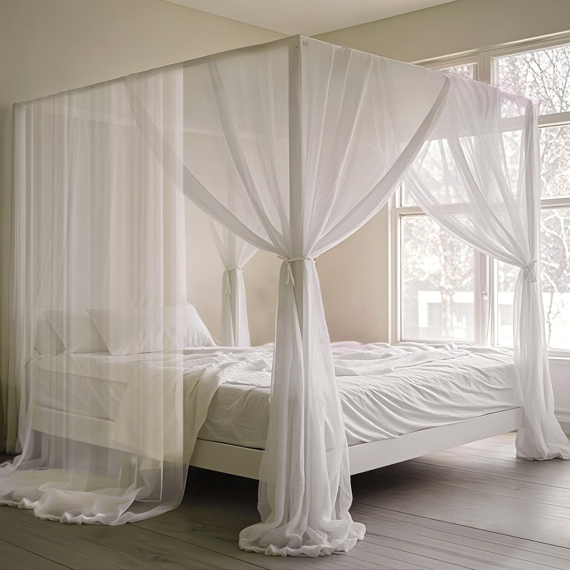 lazyzzz Betthimmel-Vorhänge, Queen-Size-Bettvorhänge, 150 x 198 x 198 cm, weißes Polyester-Netz mit 4 Pfosten-Seilen, Prinzessinnen-Baldachin, Vorhänge, Moskitonetz für Schlafzimmer, Hochzeit