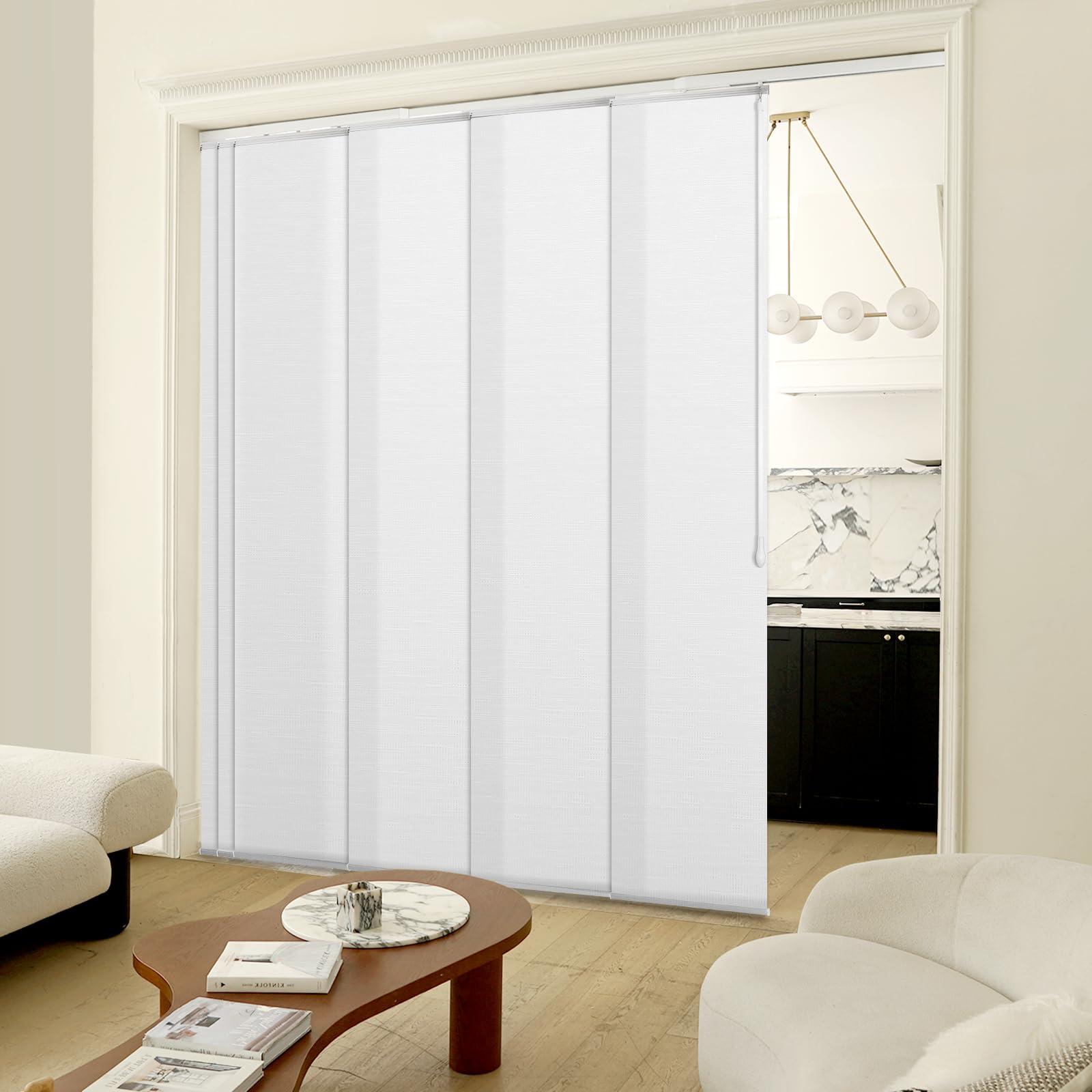 Heefen Adjustable Panel Track Blinds Manual Blackout Vertical Blinds for Sliding Door (Dimout - Texture White, 133" W x 102" H)