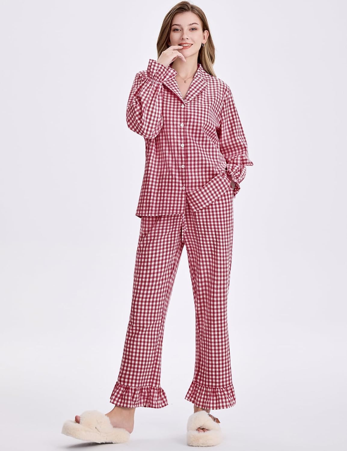 Flygo Womens Gingham Pajamas Sets Cotton Plaid Pjs Ruffled Sleeve Button Down Shirt Pants Y2k 2 Piece Lounge Set - Image 5