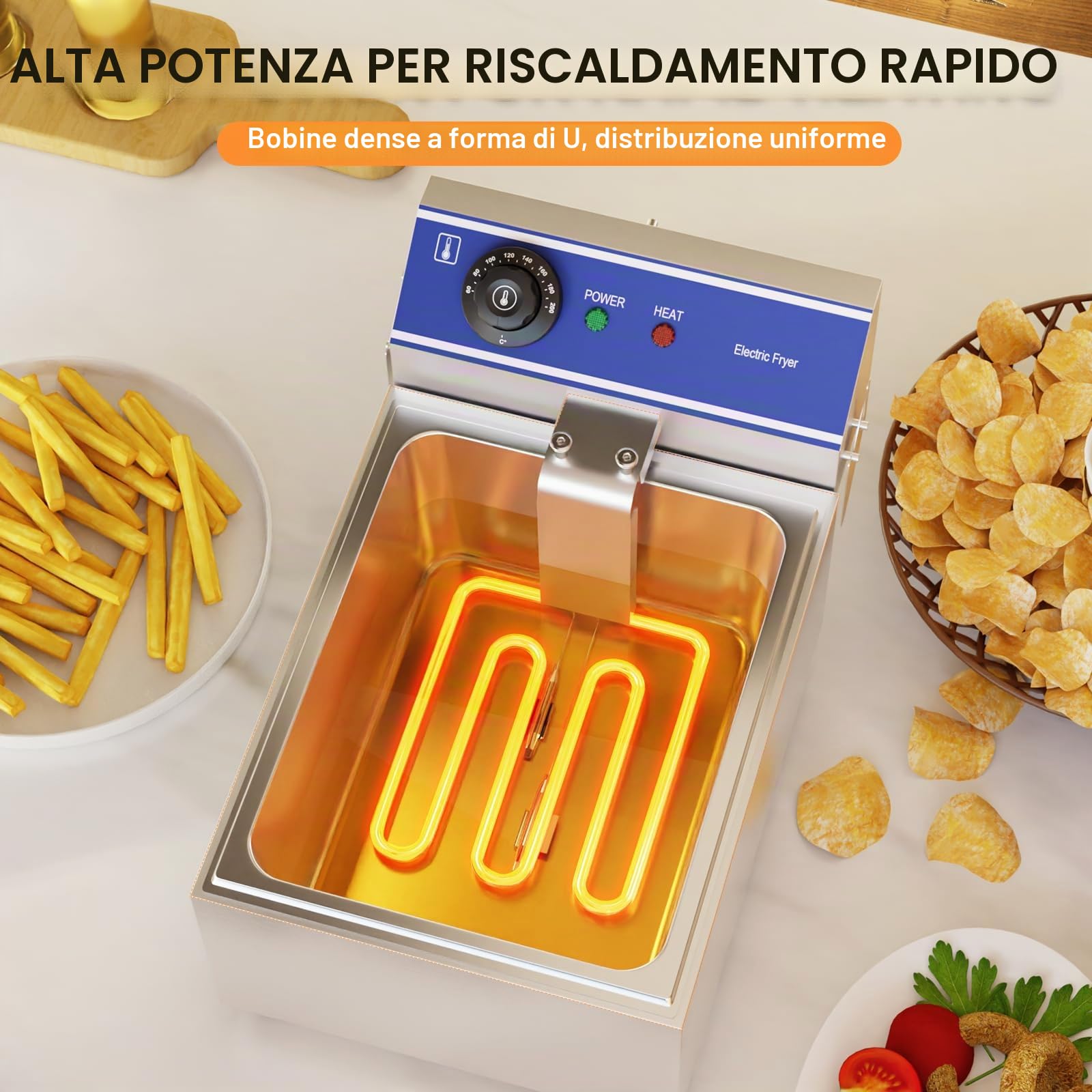 Taimiko Friggitrice Professionale Friggitrice Elettrica Commerciale Unica Serbatoio In Acciaio Inox 3000W 220V-240V Termostato 60-200°C (6L)